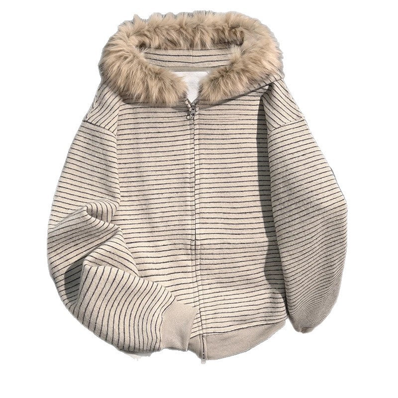 Cream striped hooded zip cardigan with vegan fur hood trim shown flat on a white background