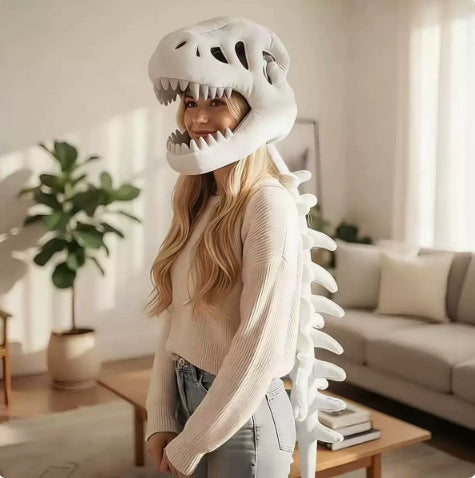 The dinosaur skeleton plush hood with the skull and spine tail shown together