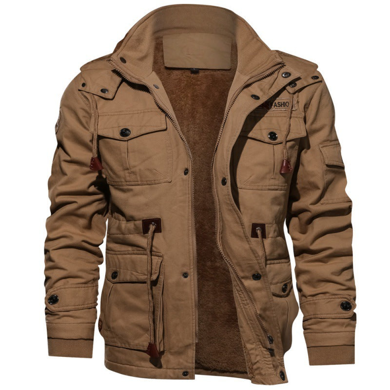 Khaki cotton field jacket with open front showing the brown fleece lining