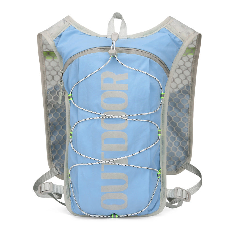 Light blue hydration backpack front with reflective OUTDOOR print and adjustable straps