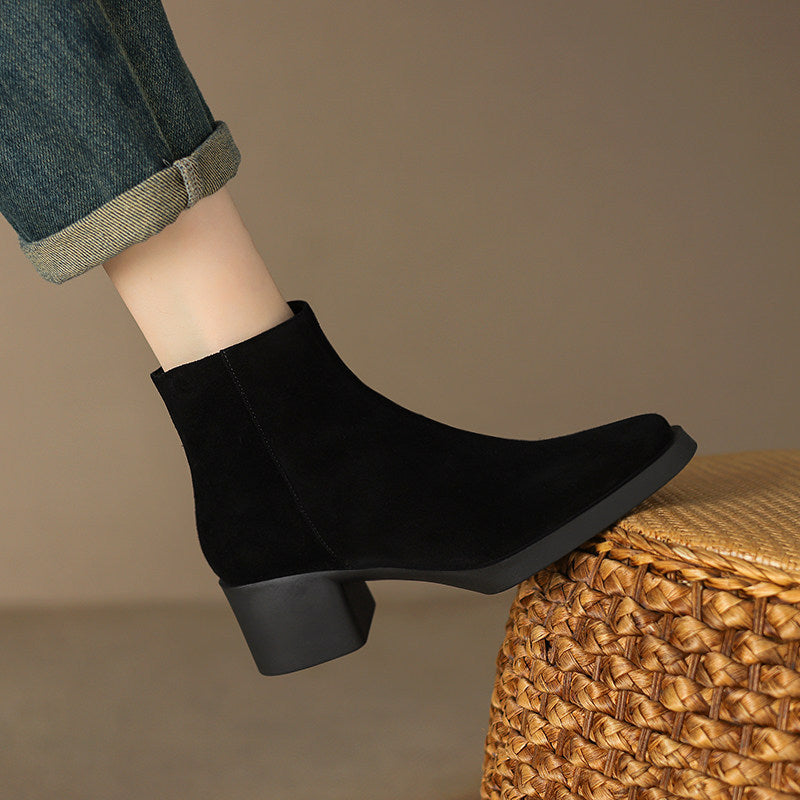 Black suede finish ankle boot, single-lined, size EU 36, chunky block heel, worn with jeans