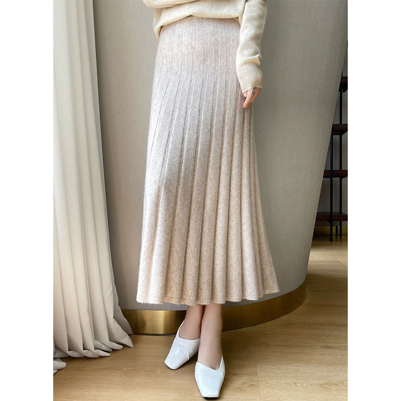 Close view of the soft ribbed wool knit texture of the midi skirt