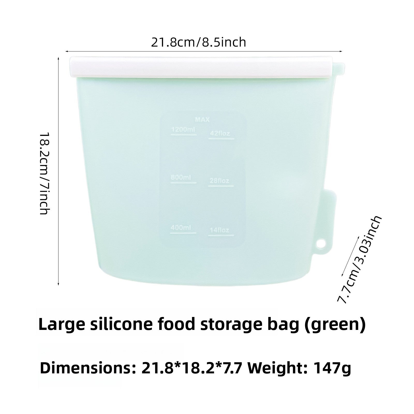Reusable green silicone food storage bag, 1200ml size, standing sealed upright