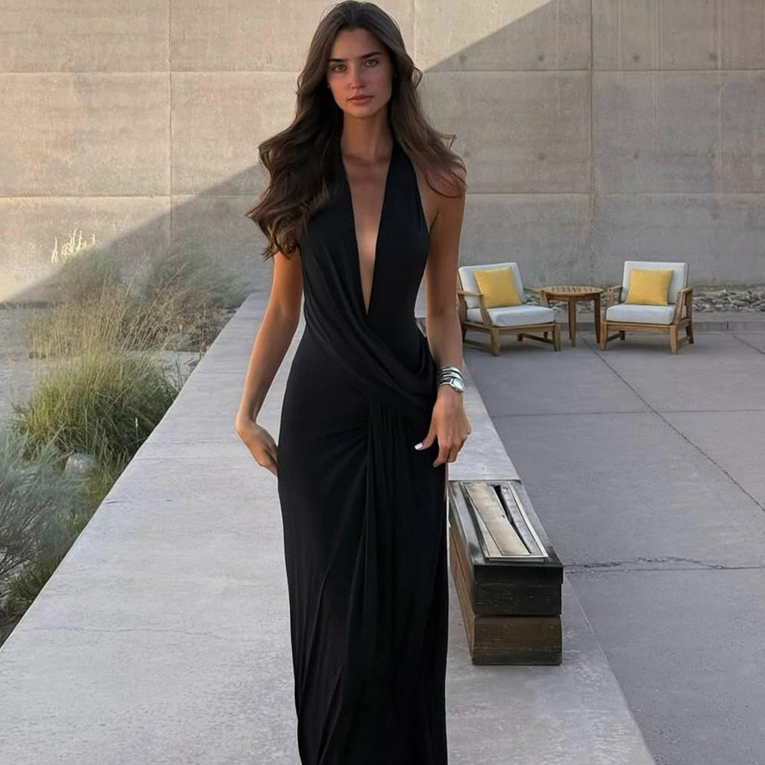 Elegant Halter Neck Deep V Back | close up material texture