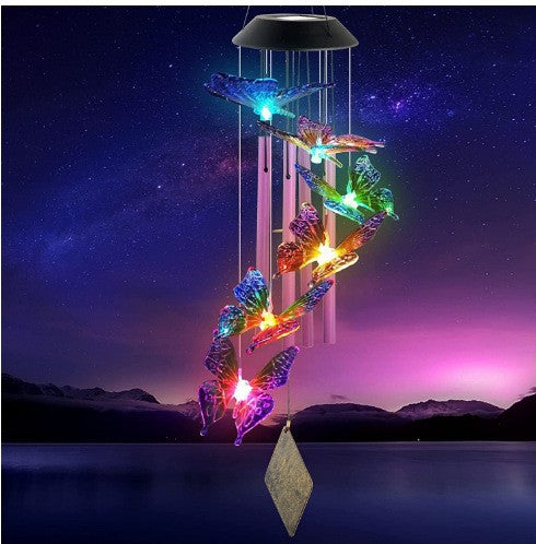 Butterfly LED figures with silver tubes and an iron pendant hanging from a solar lamp head, black housing option