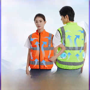 Orange and green fan vests worn by two models with airflow arrows rising up the back