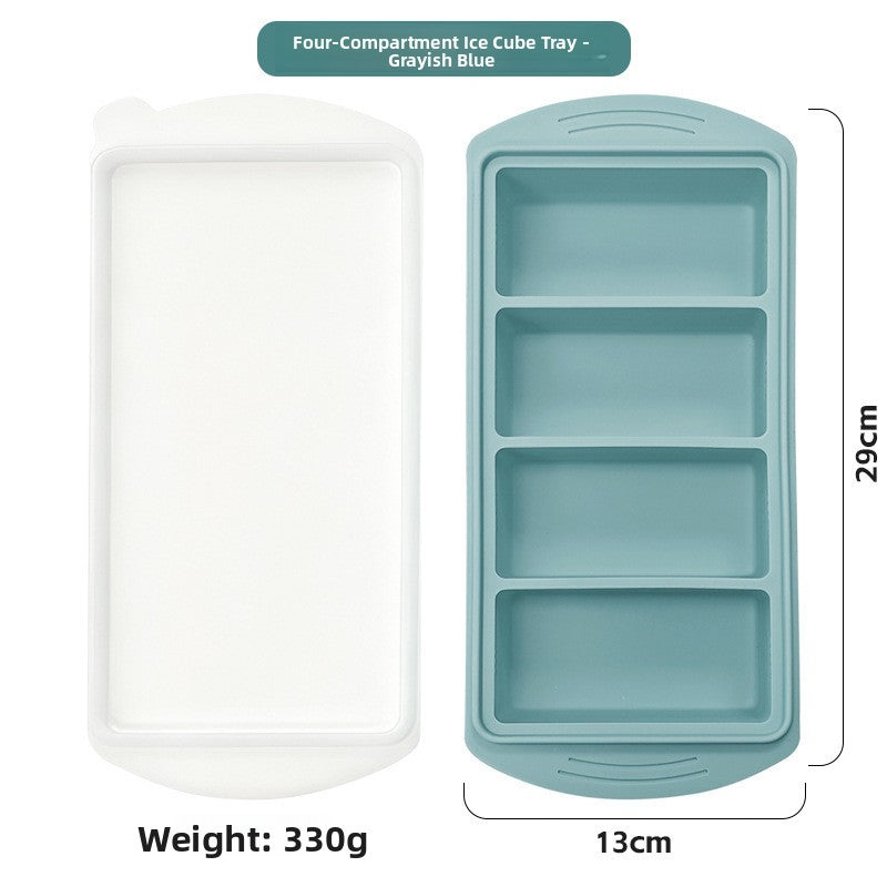 Four compartment silicone tray beside its white lid, 29 cm long, 330 g, option 4 Cavities 29 cm Tray, Gray Blue