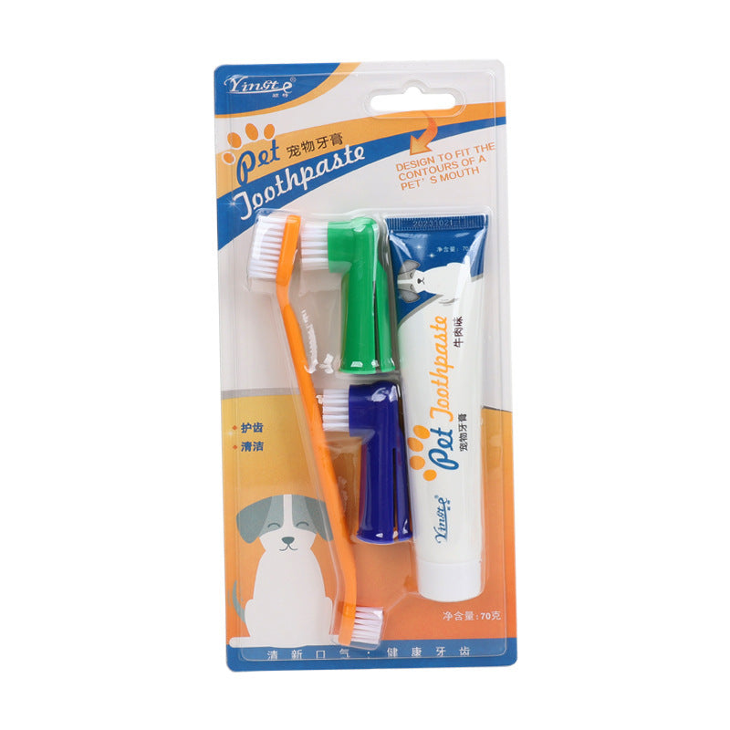 Pet toothbrush set with two finger brushes and a beef flavour paste tube