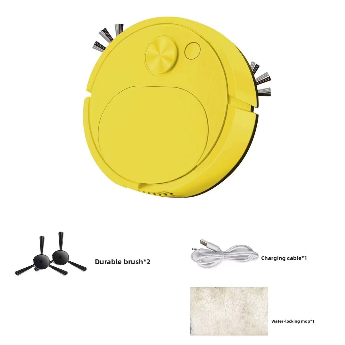 Yellow mini robotic floor sweeper from above with two brushes, a USB cable and a mop pad