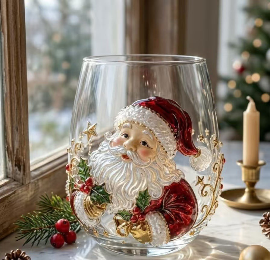 Clear borosilicate Christmas glass cup with a raised painted 3D Santa holiday motif