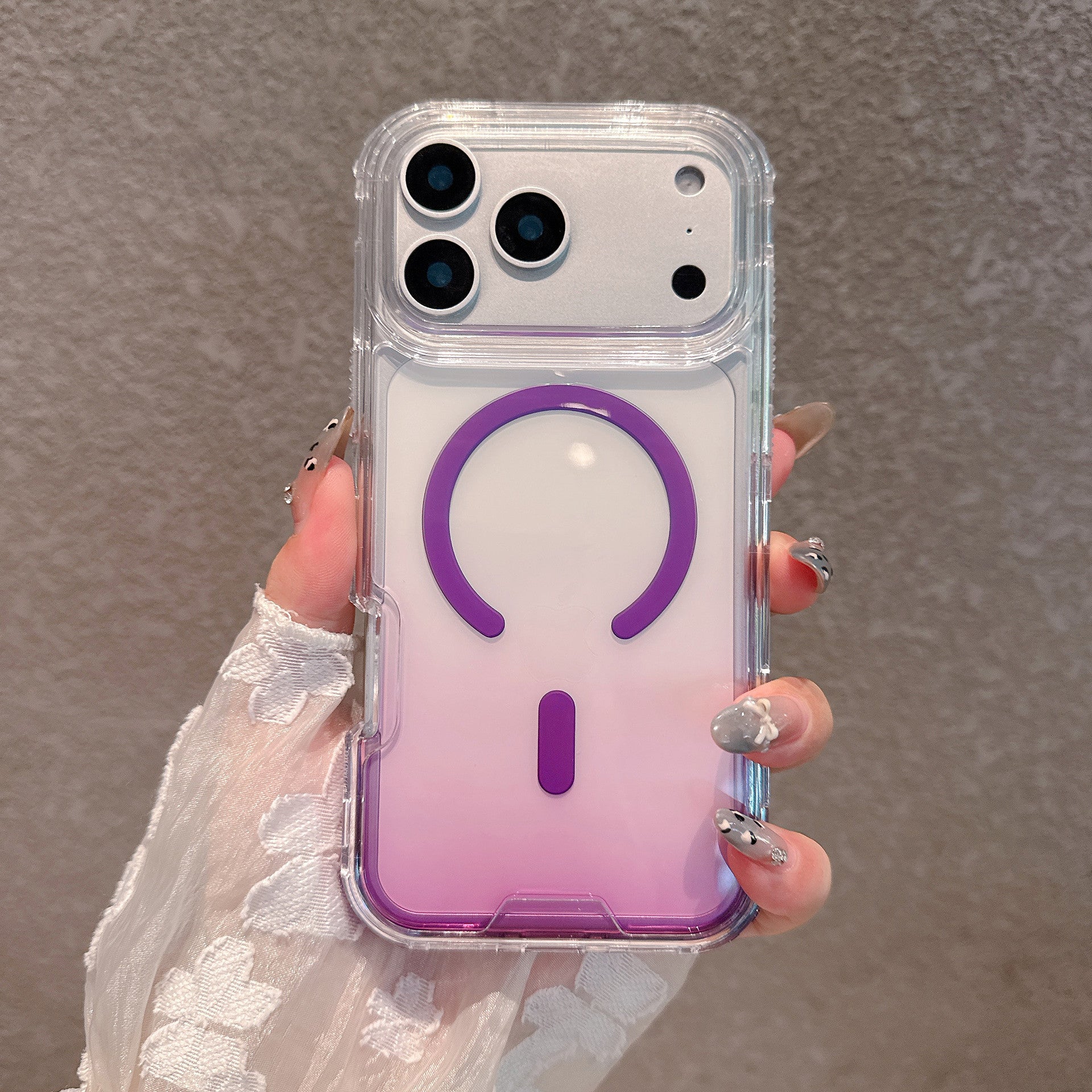 Gradient purple clear polycarbonate iPhone case, raised camera shelf and purple back ring