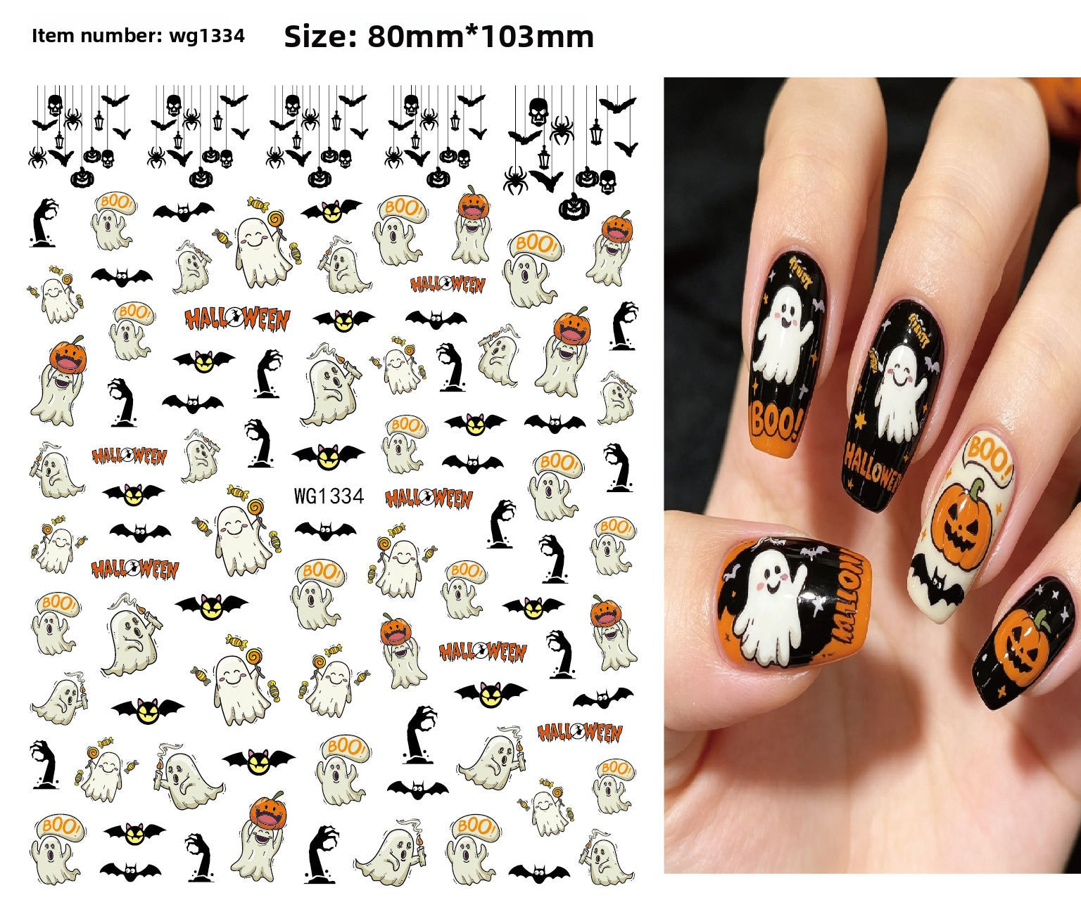 Vinyl Halloween nail stickers featuring bats, spiders and cobweb motifs