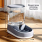 Gray gravity pet feeder and waterer combo shown side by side on the floor