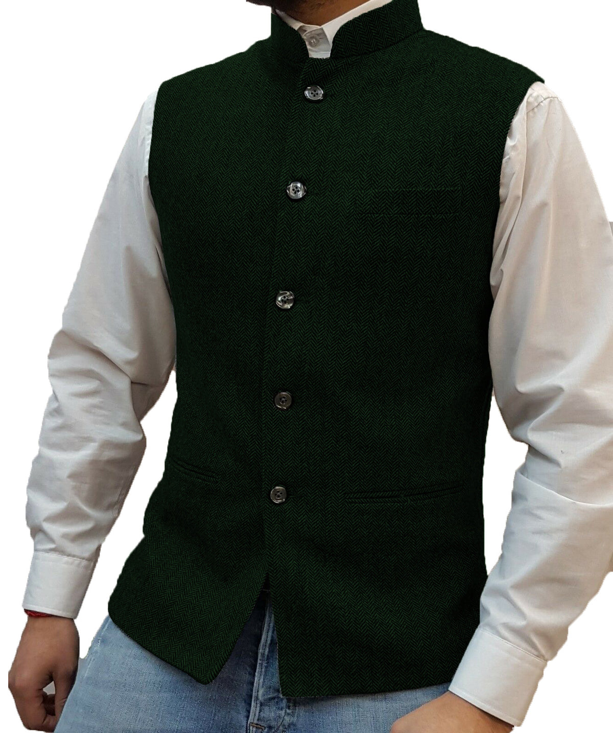 Dark Green herringbone stand collar vest over a white shirt, size XS