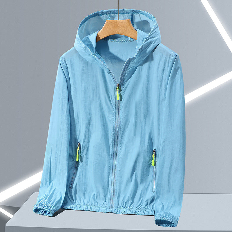 Sky blue hooded zip jacket with front zip and slanted zip pockets on a hanger