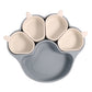 Dark blue gray bear paw plate with four small cream cups on a white background