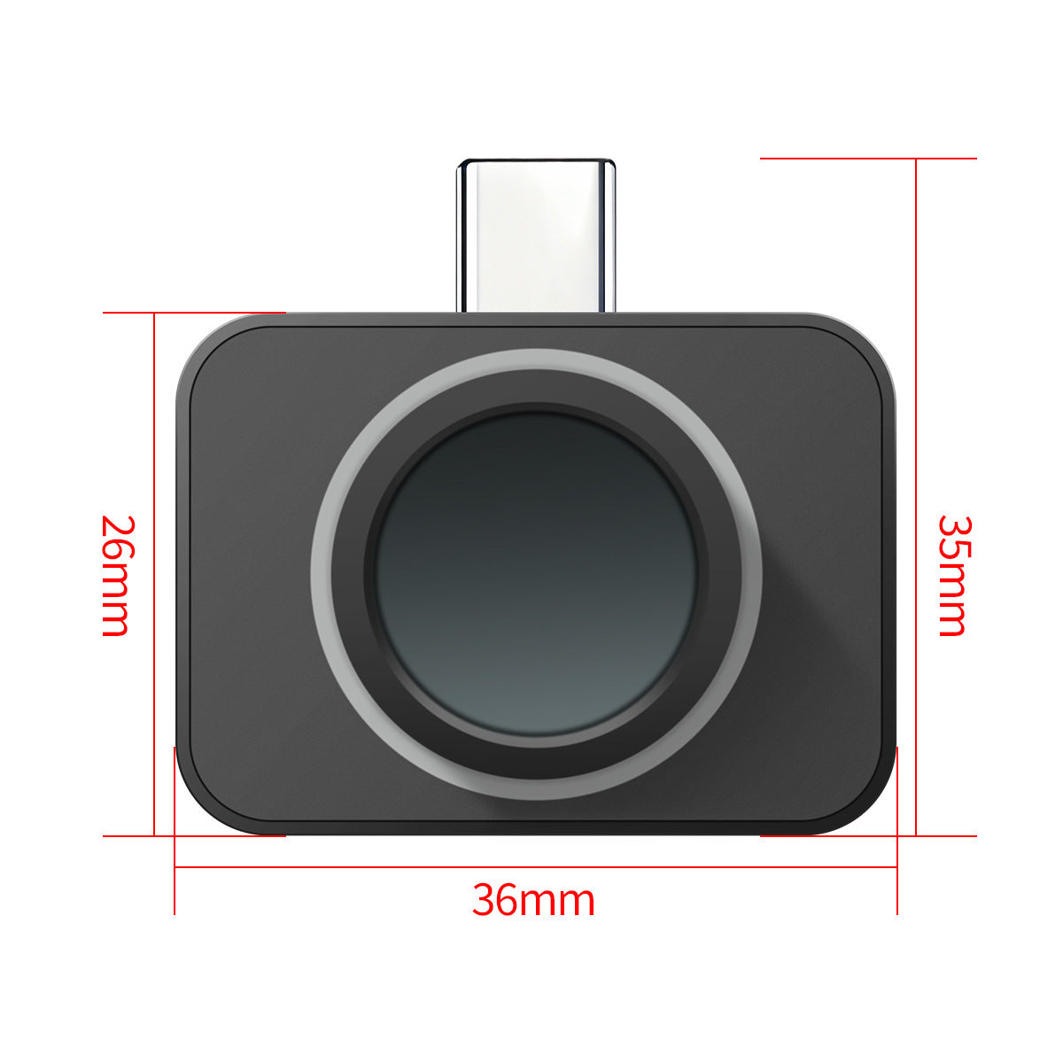 Size view of the thermal camera module, about 36 by 26 millimetres, with the connector on top