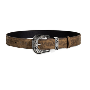 Retro Floral Embossed Belt | alloy pin buckle close up
