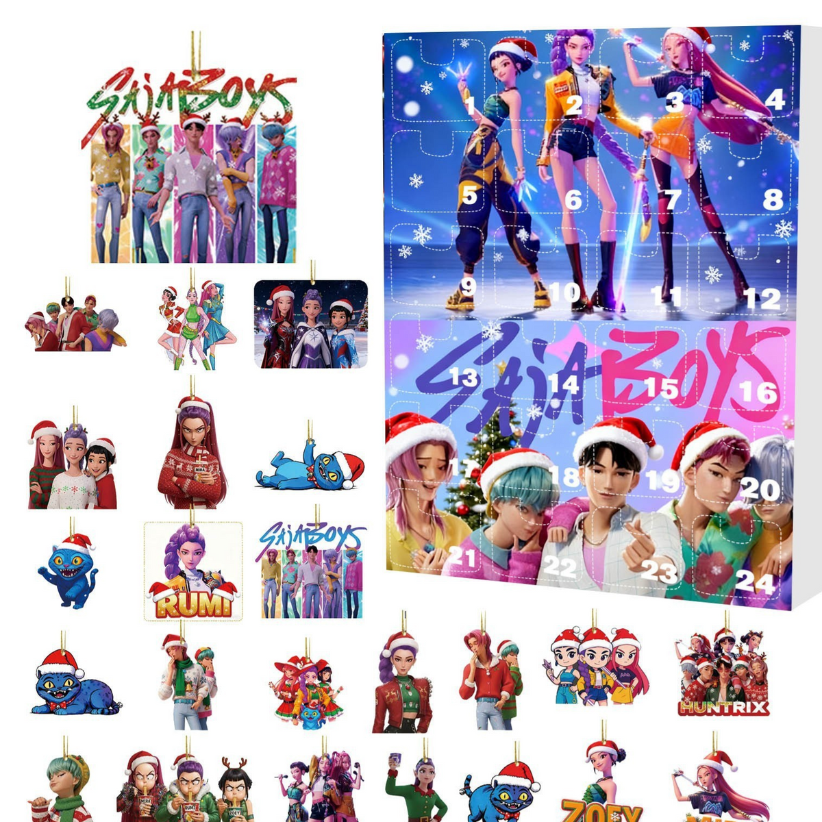Saja Boys advent calendar cover with winter scene and a sheet of 24 festive character ornaments