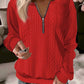 Ribbed cuff and sleeve of a womens cable knit quarter zip pullover sweater