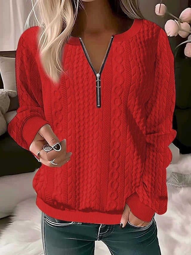 Ribbed cuff and sleeve of a womens cable knit quarter zip pullover sweater