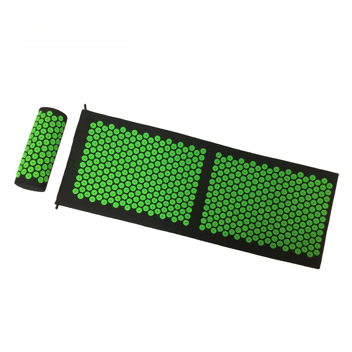 Black and green spiked massage mat with matching spiked head pillow, top view on a white background