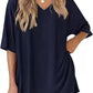 Navy Blue milk silk V neck loungewear set, oversized top and matching shorts, size L