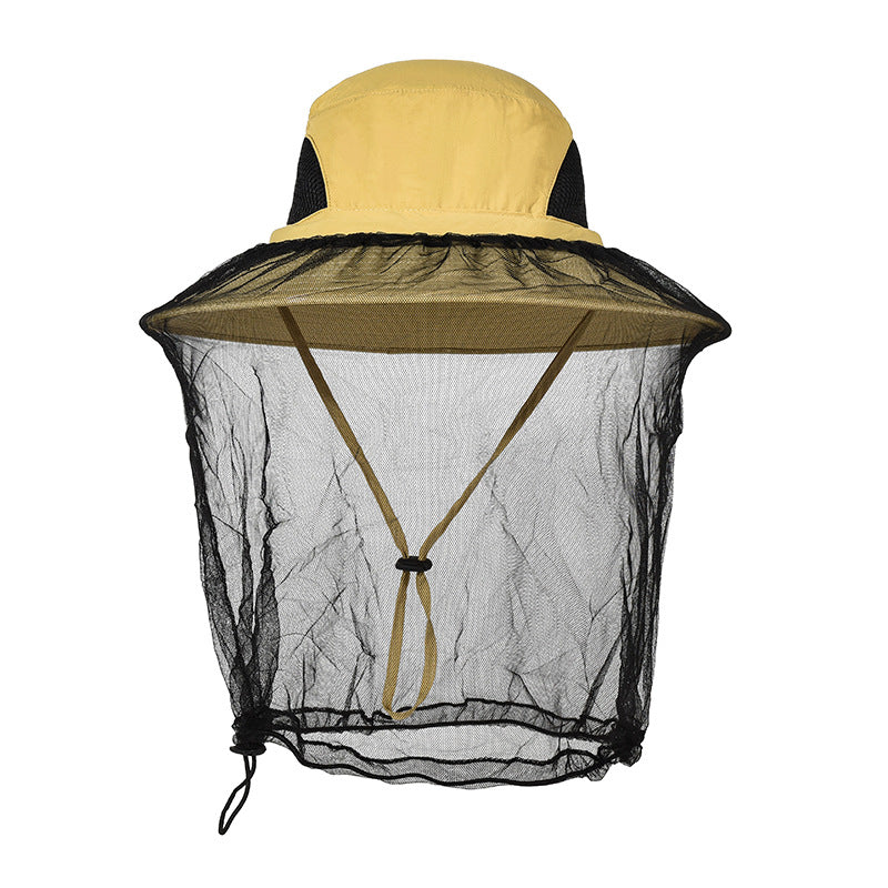 Wide brim sun hat mesh net and chin drawcord shown in detail