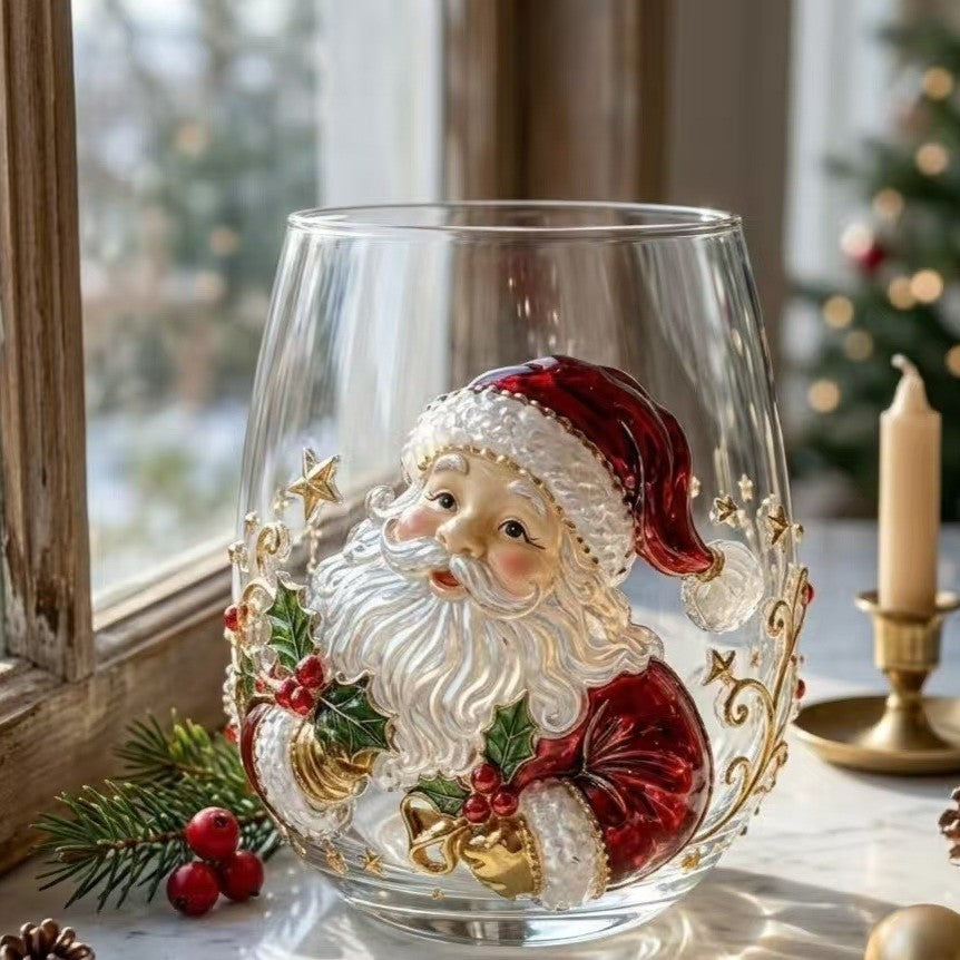 Christmas glass cups in clear borosilicate glass with raised painted holiday motifs