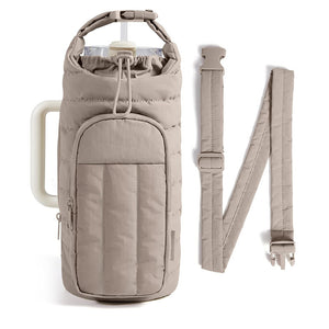 Quilted insulated bottle carrier bag with detachable padded crossbody strap and front zip pocket