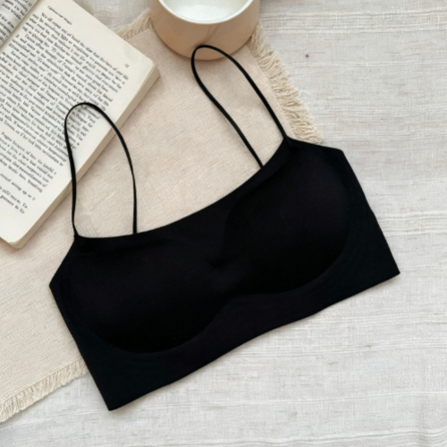 Womens seamless wireless bralette in black, low back view
