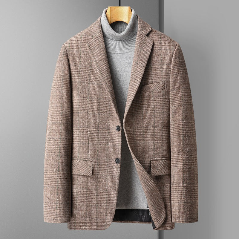 Camel plaid wool blend blazer collar and lapel roll shown in detail
