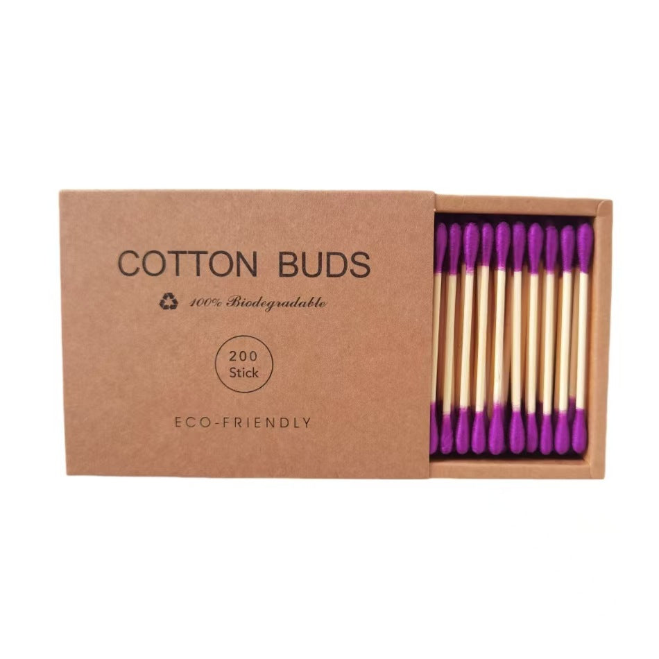 Double-headed colored removable makeup cotton swabs | styled flat lay overhead shot