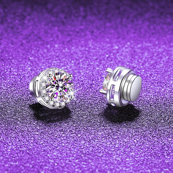 Magnetic Non Pierced Round Halo Stud Earrings in S925 Silver