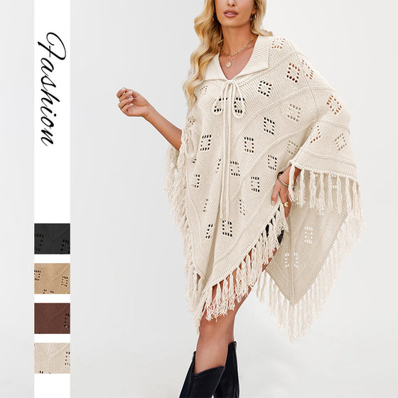 Womens Knit Tassel Fringe Poncho
