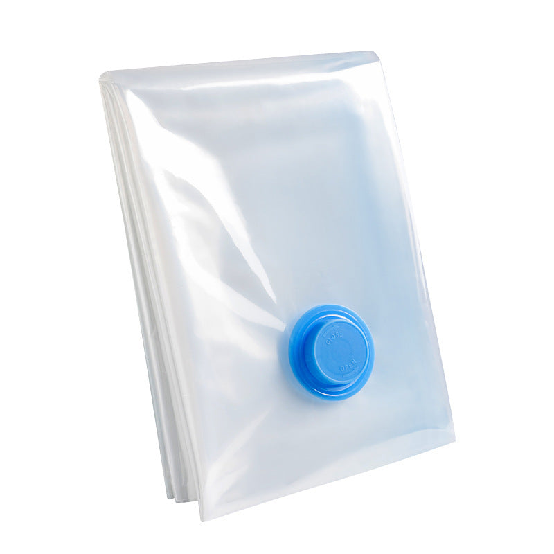 Clear vacuum storage bag with a round blue valve on a white background