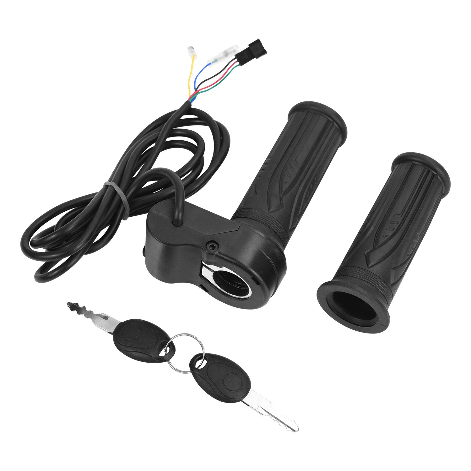 Twist throttle grip set with the wiring harness connector and two keys laid out