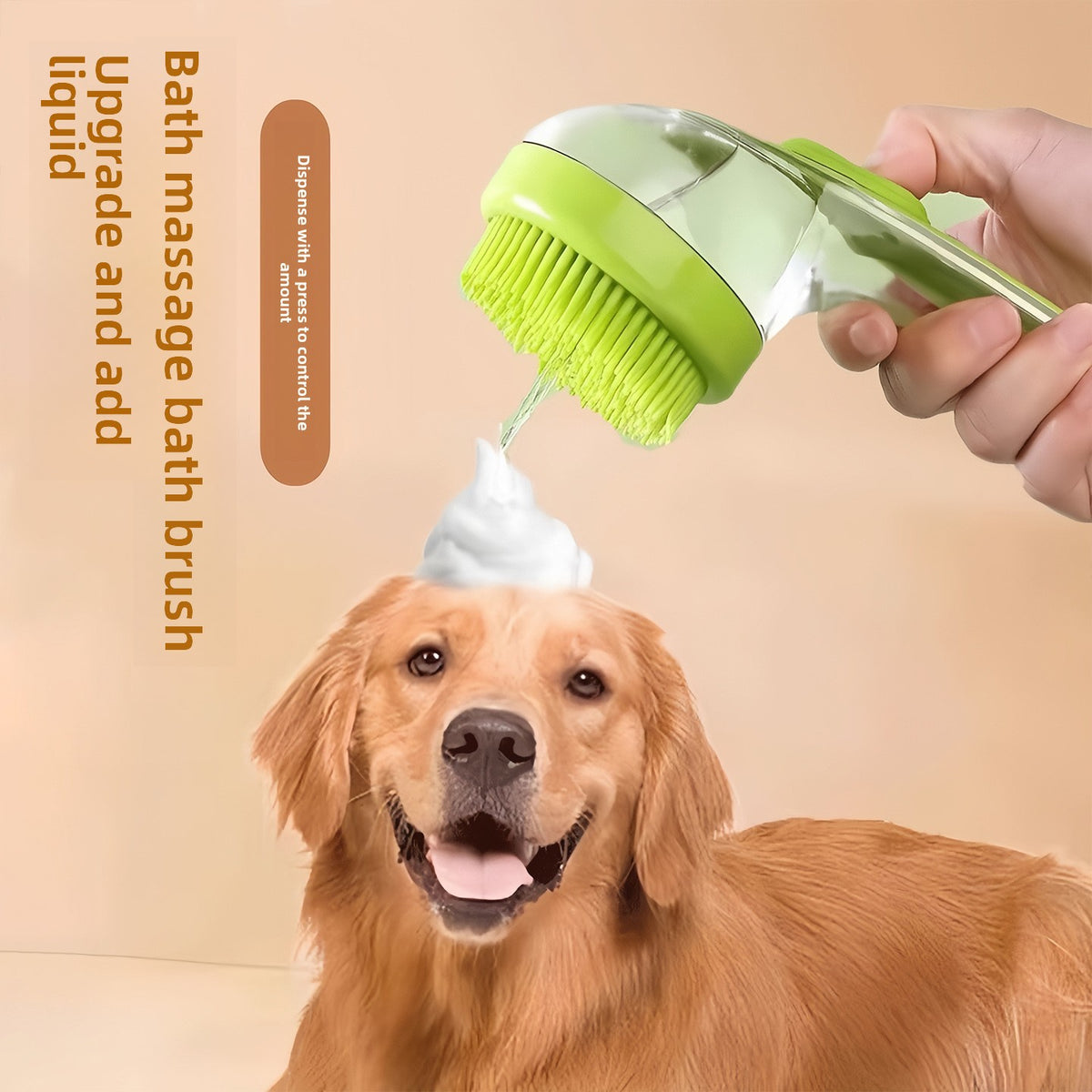 Green pet bath brush dispensing shampoo foam through soft bristles over a dog