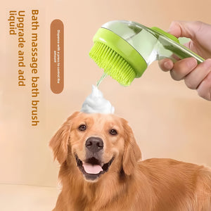 Green pet bath brush dispensing shampoo foam through soft bristles over a dog