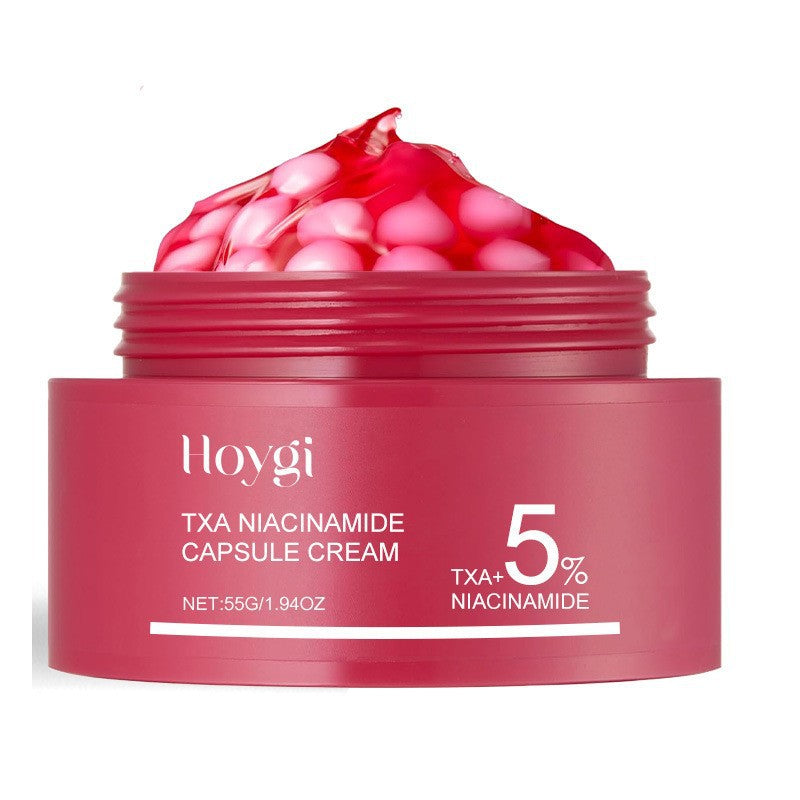 Open red Hoygi TXA Niacinamide Capsule Cream jar, 55 g, with red capsules in clear gel