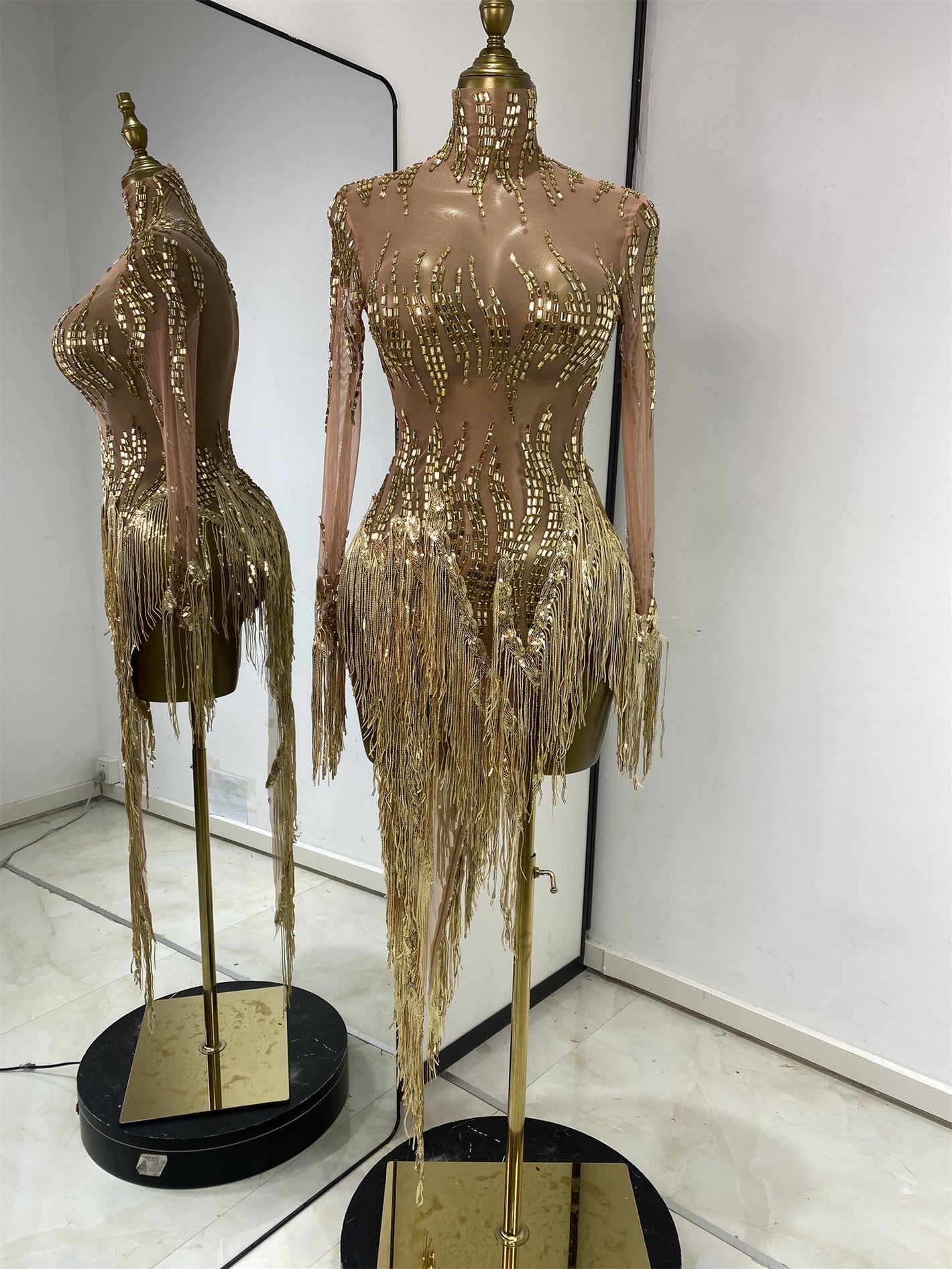 Rhinestone mesh sequin performance dress front view on a model