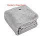Folded gray plush heating shawl blanket under the caption Blanket + Power Bank on a white background