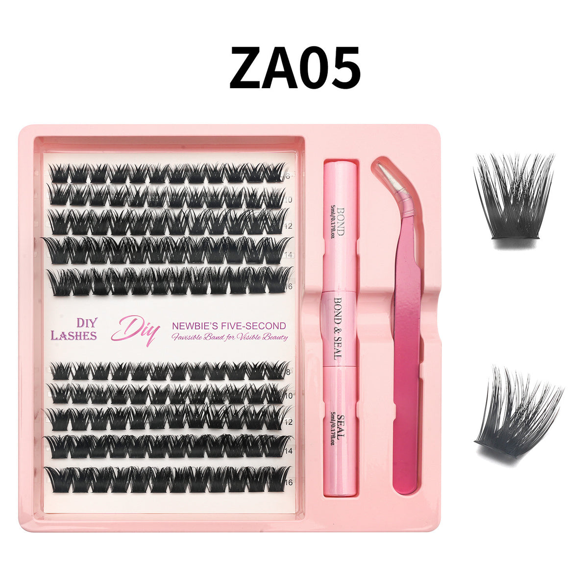 Lash cluster style ZA05 in a 10 row tray with dual-ended glue pen, tweezers and a close-up of the cluster shape