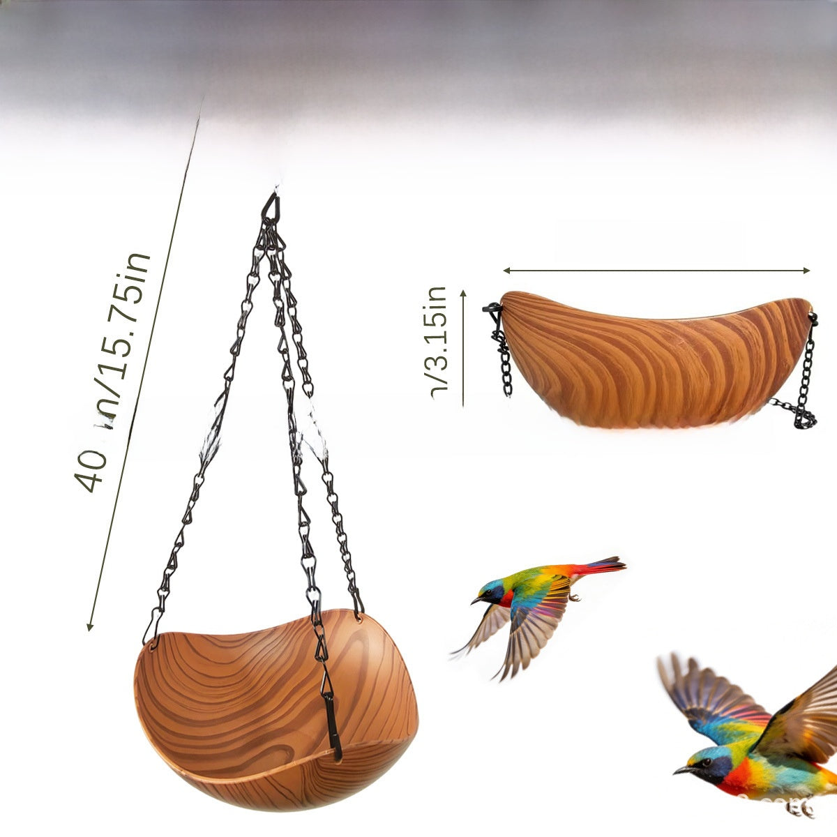 Wooden bird bath basin filled with fresh water