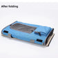 Blue foldable cat carrier shown folded flat with plush mat after folding