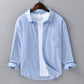 Chest pocket and placket stitching detail on the cotton linen blend shirt