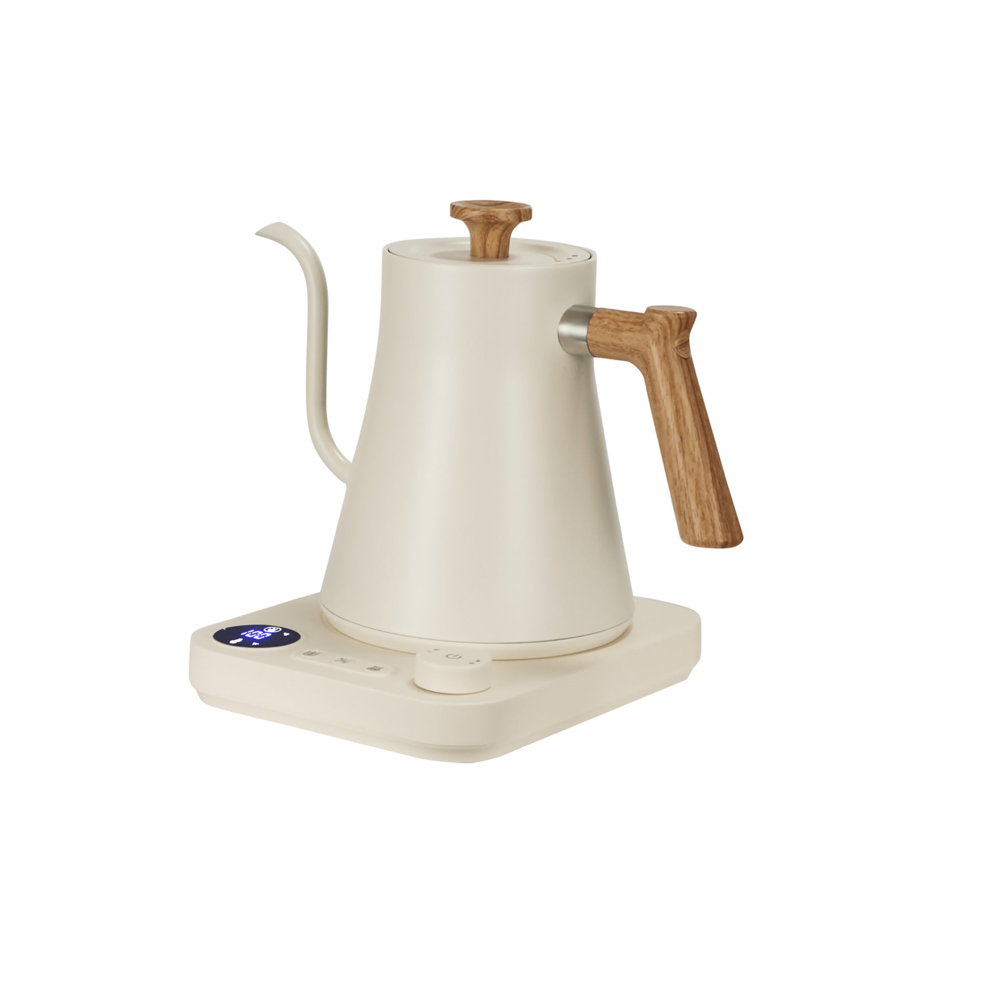 Cream gooseneck electric kettle seen from the front left with the base display lit in blue