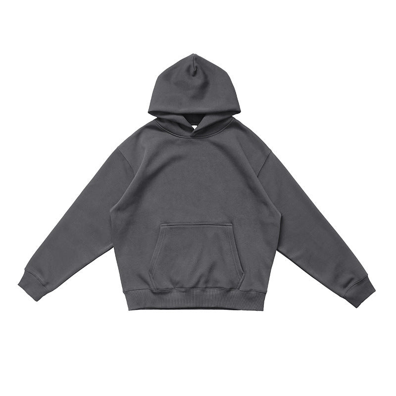 Slate Gray pullover hoodie with front pouch pocket and rib knit cuffs flat on white, size M option