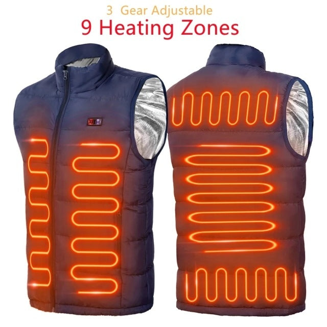 Navy blue heated vest with nine heating zones on the front and back, image for the Blue option in size M