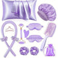 Purple 13 piece set with pillowcase, bonnet, curling rod, clip, eye masks, scrunchies, roller, gua sha, pouch and brush